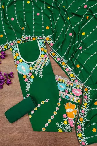 Dark Green Georgette Sequin & Floral Pattern Multicolor Thread Work Kurta Bottom Dupatta Set Dress Material