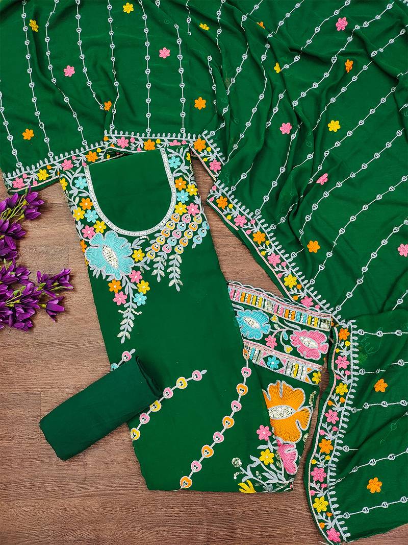 Dark Green Georgette Sequin & Floral Pattern Multicolor Thread Work Kurta Bottom Dupatta Set Dress Material