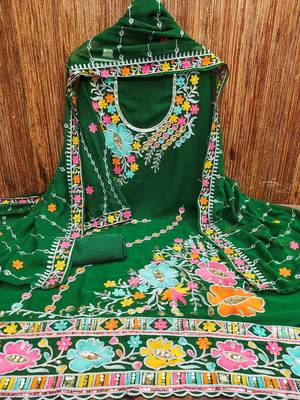 Dark Green Georgette Sequin & Floral Pattern Multicolor Thread Work Kurta Bottom Dupatta Set Dress Material 3