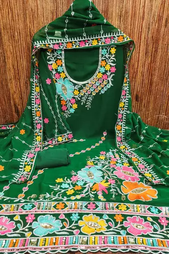Dark Green Georgette Sequin & Floral Pattern Multicolor Thread Work Kurta Bottom Dupatta Set Dress Material