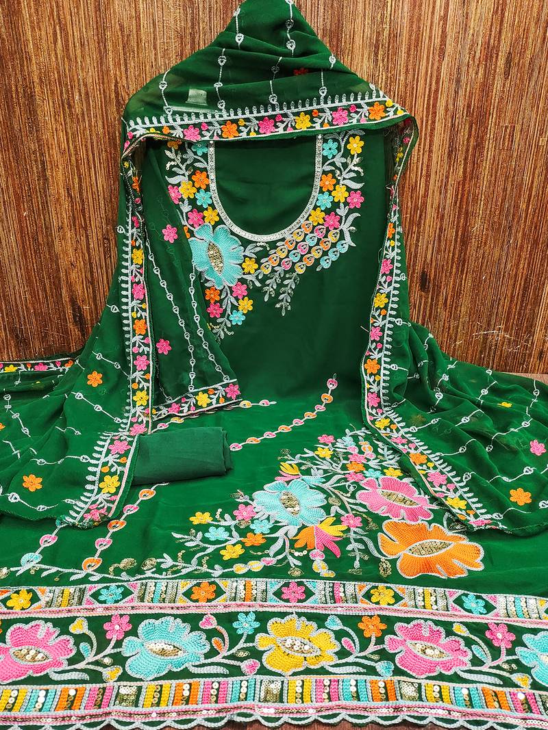 Dark Green Georgette Sequin & Floral Pattern Multicolor Thread Work Kurta Bottom Dupatta Set Dress Material