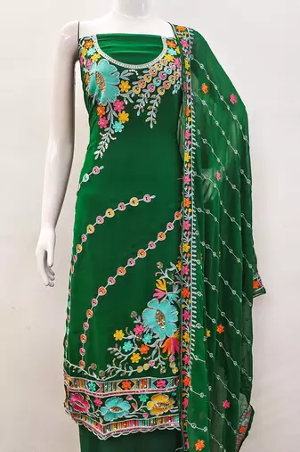 Dark Green Georgette Sequin & Floral Pattern Multicolor Thread Work Kurta Bottom Dupatta Set Dress Material