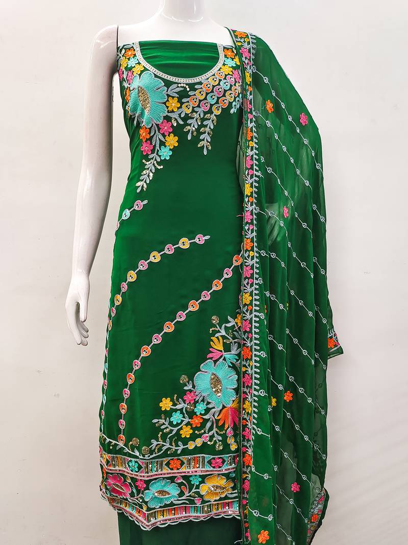 Dark Green Georgette Sequin & Floral Pattern Multicolor Thread Work Kurta Bottom Dupatta Set Dress Material