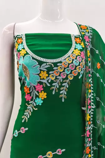 Dark Green Georgette Sequin & Floral Pattern Multicolor Thread Work Kurta Bottom Dupatta Set Dress Material