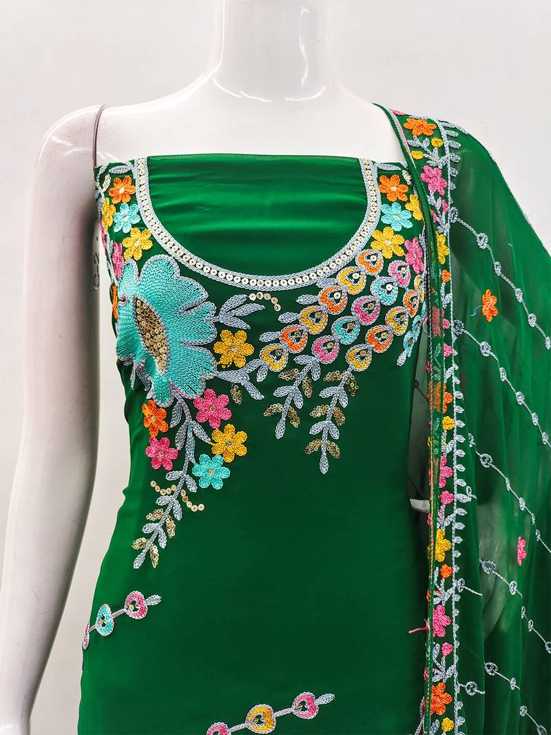 Dark Green Georgette Sequin & Floral Pattern Multicolor Thread Work Kurta Bottom Dupatta Set Dress Material
