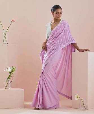 Pink and  white cotton pin tuck saree Without Blouse 1