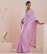 Pink and  white cotton pin tuck saree Without Blouse