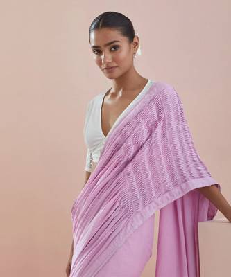 Pink and  white cotton pin tuck saree Without Blouse 2
