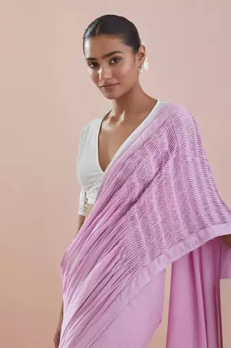 Pink and  white cotton pin tuck saree Without Blouse