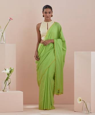 Green and off white co-ordinate set- green cotton saree with green embroidery and pinstripe blouse 1
