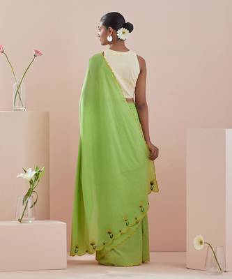 Green and off white co-ordinate set- green cotton saree with green embroidery and pinstripe blouse 5