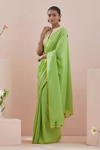 Green cotton embroidered saree Without Blouse