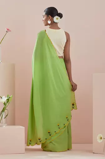Green cotton embroidered saree Without Blouse