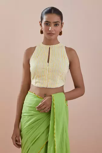 Green cotton embroidered saree Without Blouse