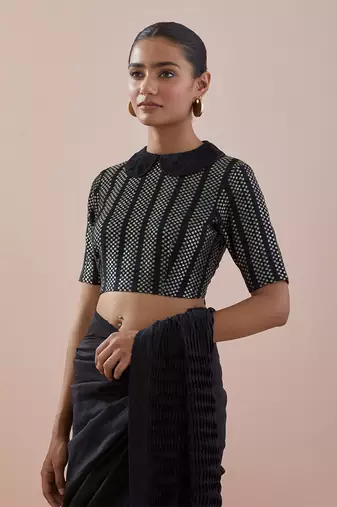 Black chanderi saree with textured cotton blouse in black