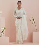 Off white co-ordinate set- chanderi saree with stylized full sleeves blouse in textured cotton