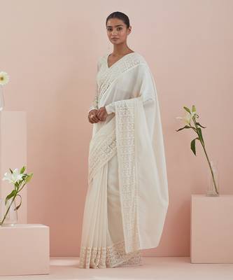 Off white co-ordinate set- chanderi saree with stylized full sleeves blouse in textured cotton 2