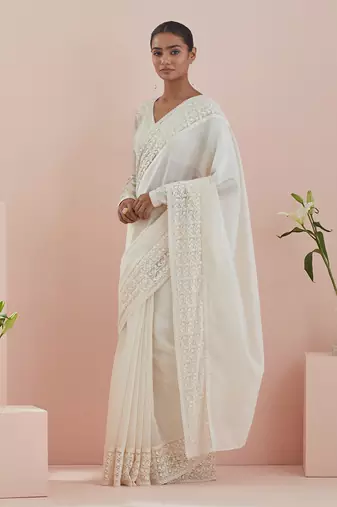 Off white co-ordinate set- chanderi saree with stylized full sleeves blouse in textured cotton