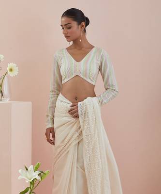 Off white co-ordinate set- chanderi saree with stylized full sleeves blouse in textured cotton 3