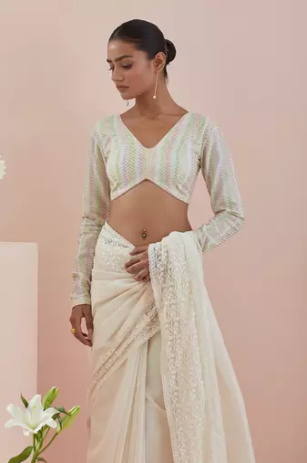Off white co-ordinate set- chanderi saree with stylized full sleeves blouse in textured cotton