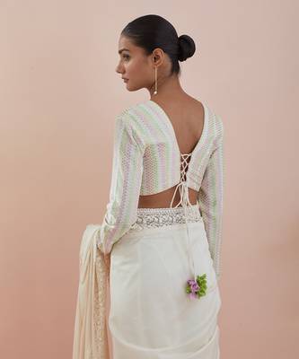 Off white co-ordinate set- chanderi saree with stylized full sleeves blouse in textured cotton 4