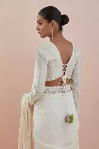 Off white co-ordinate set- chanderi saree with stylized full sleeves blouse in textured cotton