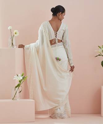 Off white co-ordinate set- chanderi saree with stylized full sleeves blouse in textured cotton 5