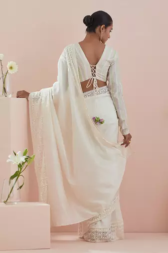 Off white co-ordinate set- chanderi saree with stylized full sleeves blouse in textured cotton