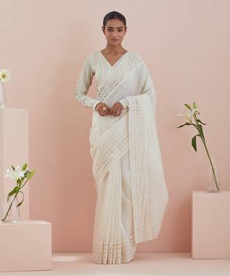 Off white chanderi with embroidered saree Without Blouse 1
