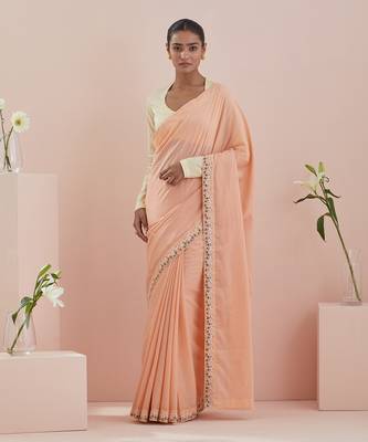 Peach and off white cotton embroidered  saree Without Blouse 1