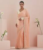 Peach and off white cotton embroidered  saree Without Blouse