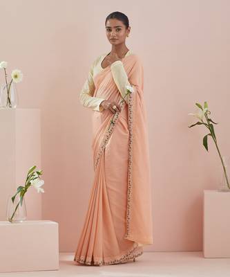 Peach and off white cotton embroidered  saree Without Blouse 2