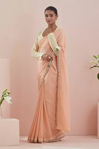 Peach and off white cotton embroidered  saree Without Blouse