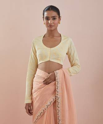 Peach and off white cotton embroidered  saree Without Blouse 3