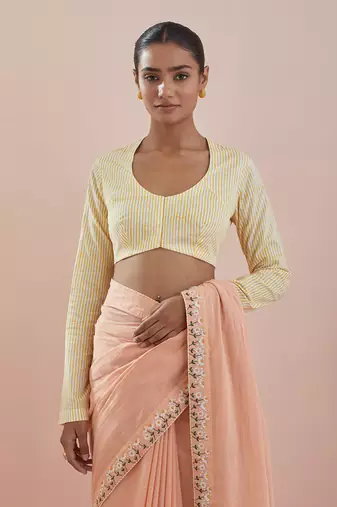 Peach and off white cotton embroidered  saree Without Blouse