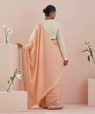 Peach and off white cotton embroidered  saree Without Blouse 5