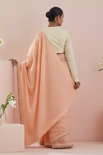 Peach and off white cotton embroidered  saree Without Blouse