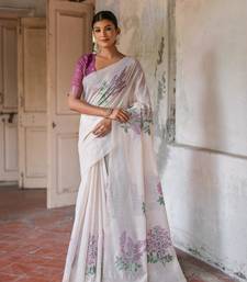 Wine Muga Cotton Floral Printed Pallu And Contrast Border Saree With Blouse For Women