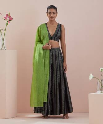 Black And Green Lehenga set- Textured Cotton Skirt and Blouse in Black and Green Chanderi Dupatta 1