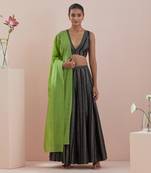 Black And Green Lehenga set- Textured Cotton Skirt and Blouse in Black and Green Chanderi Dupatta