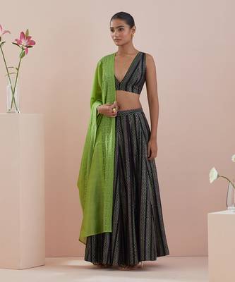 Black And Green Lehenga set- Textured Cotton Skirt and Blouse in Black and Green Chanderi Dupatta 2