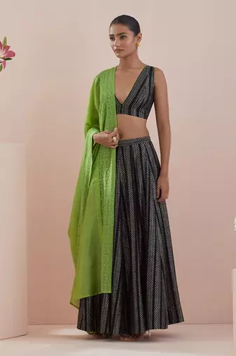 Black And Green Lehenga set- Textured Cotton Skirt and Blouse in Black and Green Chanderi Dupatta