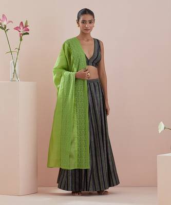 Black And Green Lehenga set- Textured Cotton Skirt and Blouse in Black and Green Chanderi Dupatta 3