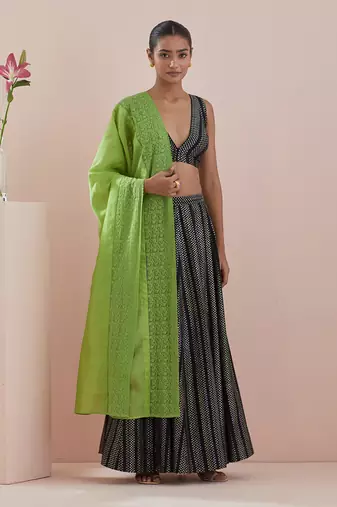 Black And Green Lehenga set- Textured Cotton Skirt and Blouse in Black and Green Chanderi Dupatta