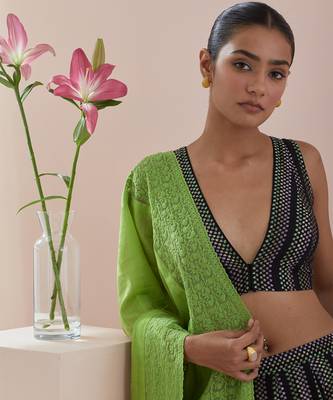Black And Green Lehenga set- Textured Cotton Skirt and Blouse in Black and Green Chanderi Dupatta 4