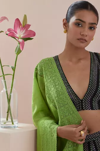 Black And Green Lehenga set- Textured Cotton Skirt and Blouse in Black and Green Chanderi Dupatta