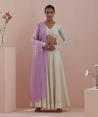 Off-white And Pink Lehanga Set- Textured Cotton Skirt and Blouse in Off White and Pink Chanderi Dupatta 1