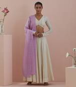Off-white And Pink Lehanga Set- Textured Cotton Skirt and Blouse in Off White and Pink Chanderi Dupatta