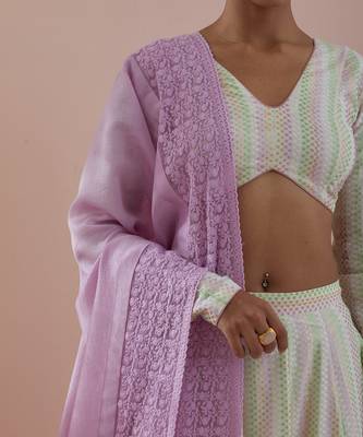Off-white And Pink Lehanga Set- Textured Cotton Skirt and Blouse in Off White and Pink Chanderi Dupatta 3