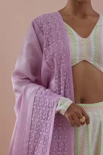 Off-white And Pink Lehanga Set- Textured Cotton Skirt and Blouse in Off White and Pink Chanderi Dupatta
